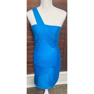 Bebe Turquoise Blue dress sz M One shoulder Cocktail Club Wedding HOCO party